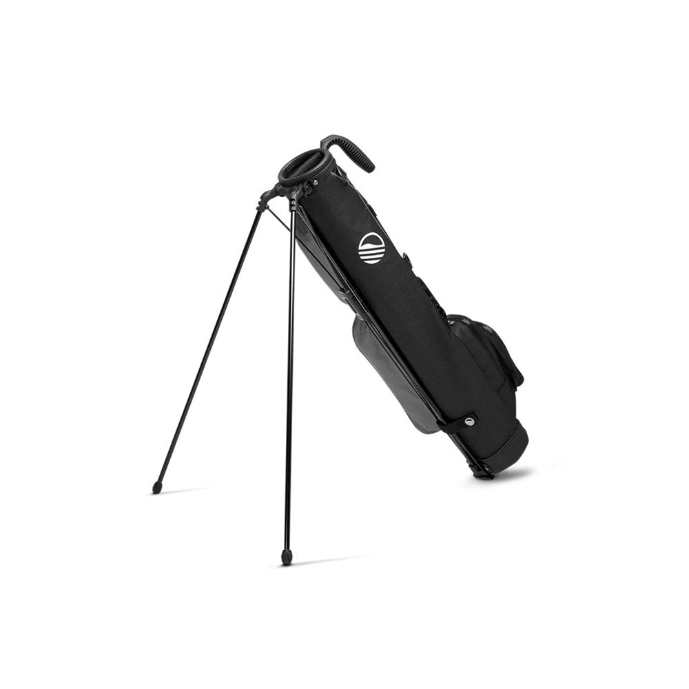A black Sunday Golf golf bag with a stand mechanism, featuring multiple pockets and a shoulder strap and support stand being used.