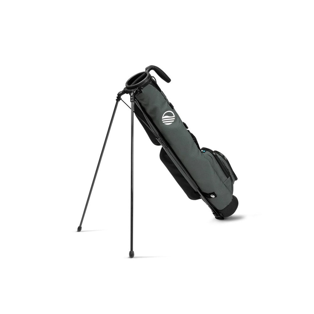 A black and gray Sunday Golf range/green side golf bag with a cushioned shoulder strap and stand feature.