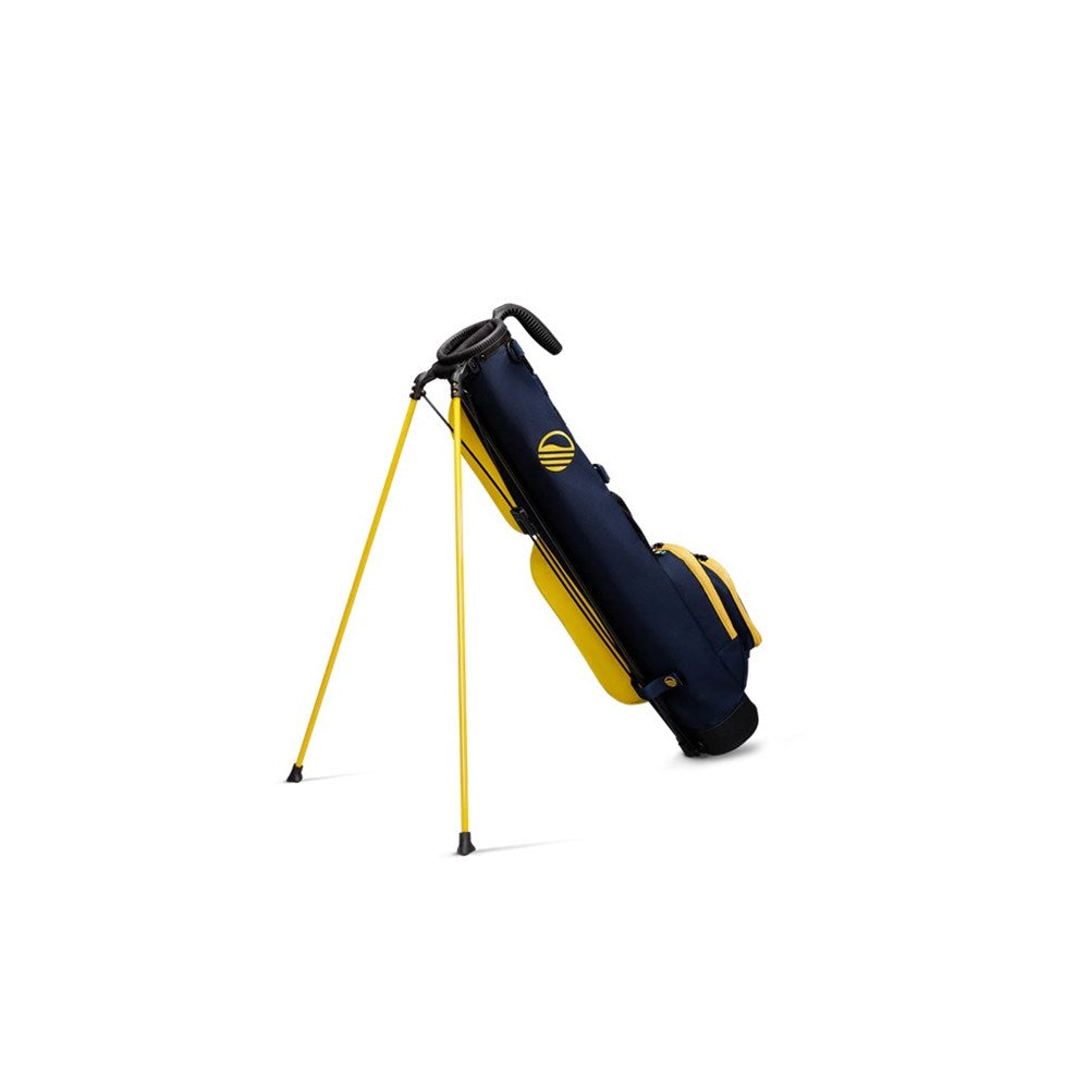 A stand-up golf bag with blue and yellow colors, featuring a shoulder strap and multiple pockets spread out stilts