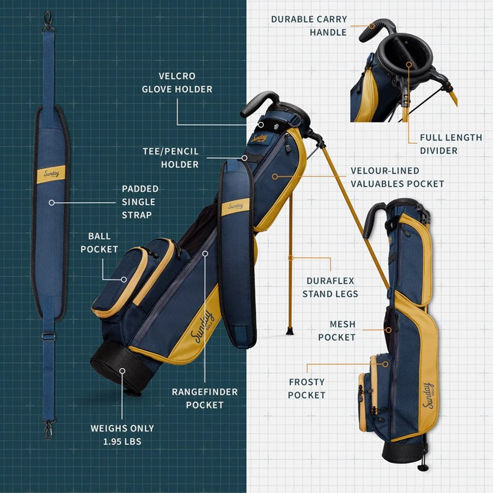 A stand-up golf bag with blue and yellow colors, featuring a shoulder strap and multiple pockets brochure
