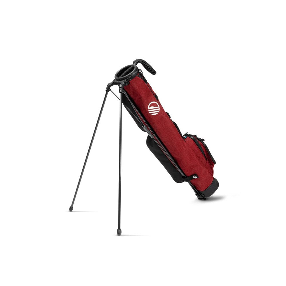 A red and black golf bag with a cushioned shoulder strap and stand feature, set against a white background.