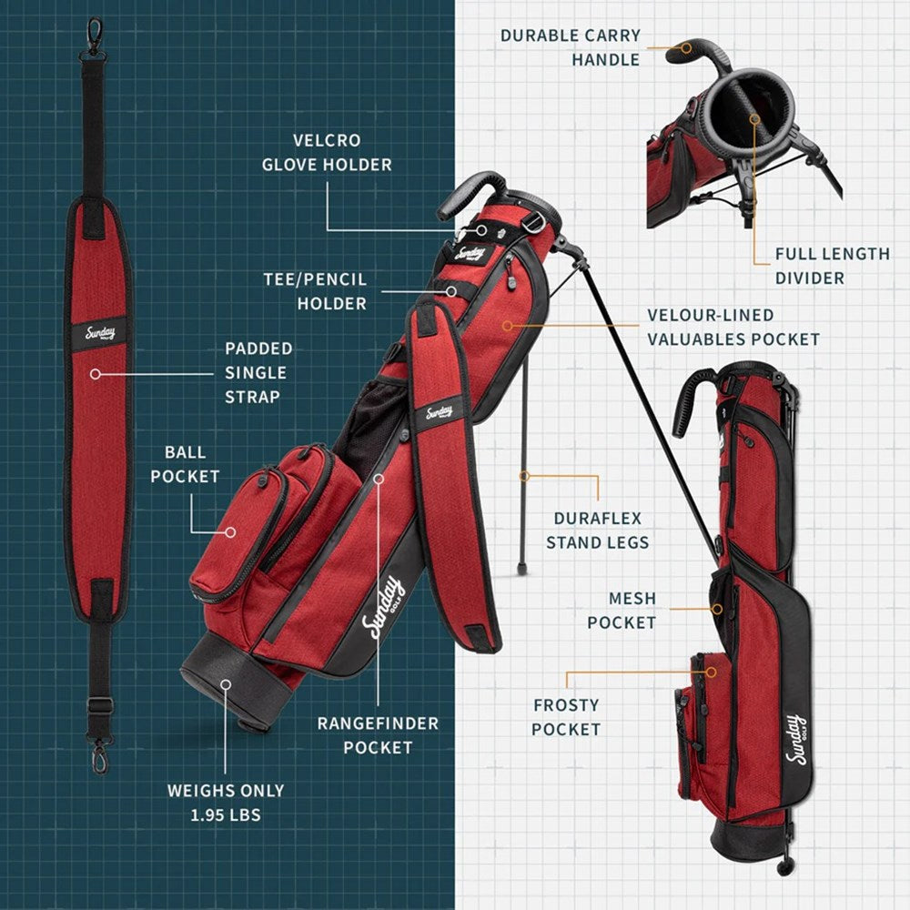 A red and black golf bag with a cushioned shoulder strap and stand feature, set against a white background brochure.