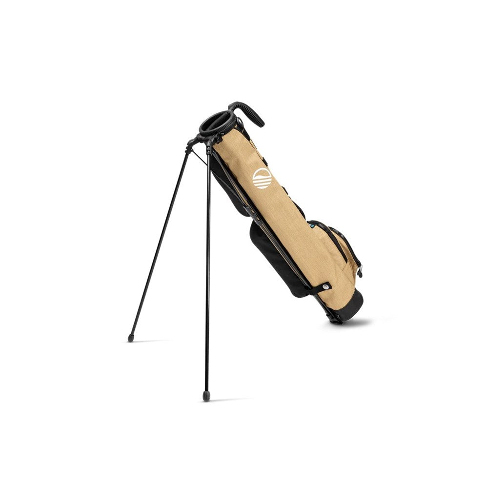 Beige golf bag with black stand on a white background