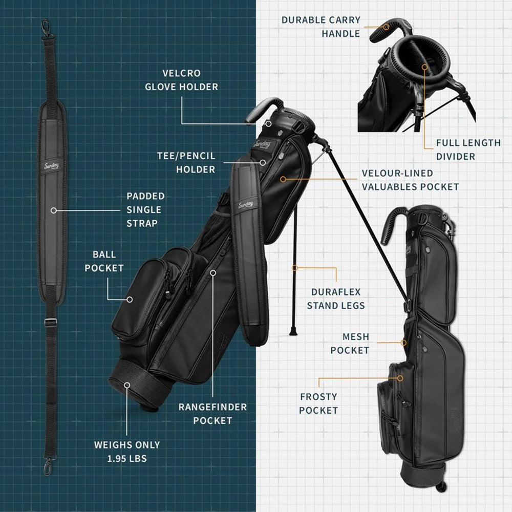A black golf bag with a stand system, featuring multiple pockets and a shoulder strap brochure.