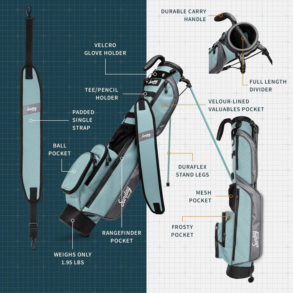 A blue and black golf bag with a stand mechanism deployed, placed against a white background brochure