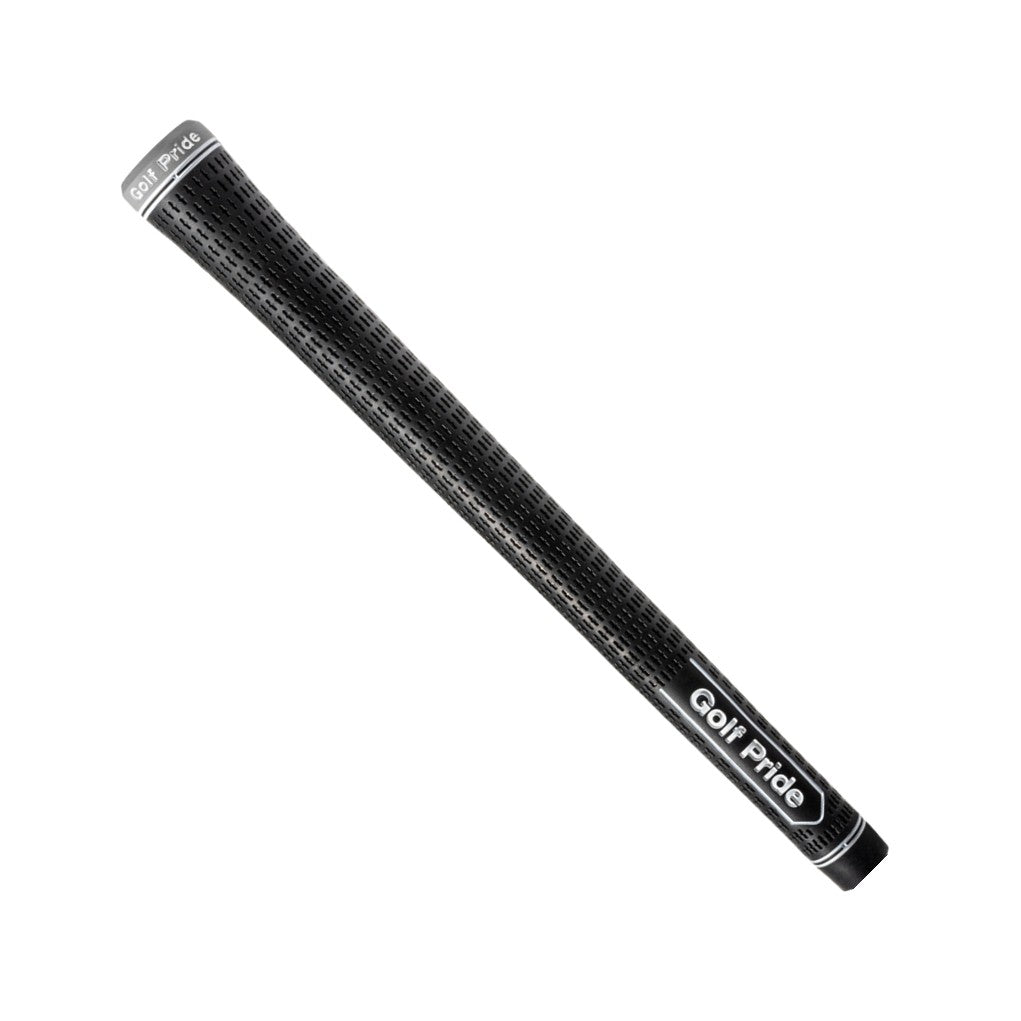A black Golf Pride Tour Velvet golf club grip with a plus sign texture pattern.