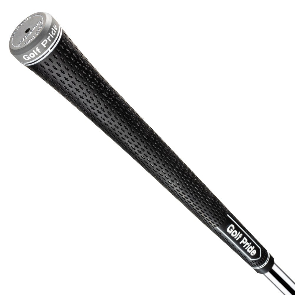 A black Golf Pride Tour Velvet golf club grip with a plus sign texture pattern.