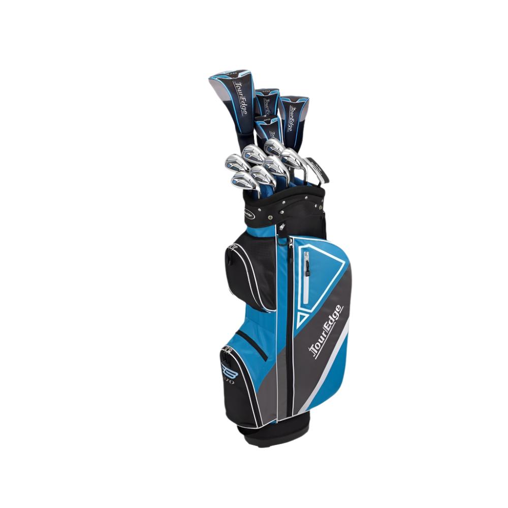 A set of Tour Edge golf clubs in a senior package, featuring a blue and black color scheme, displayed in a standing arrangement with the clubs partially drawn out of the bag.