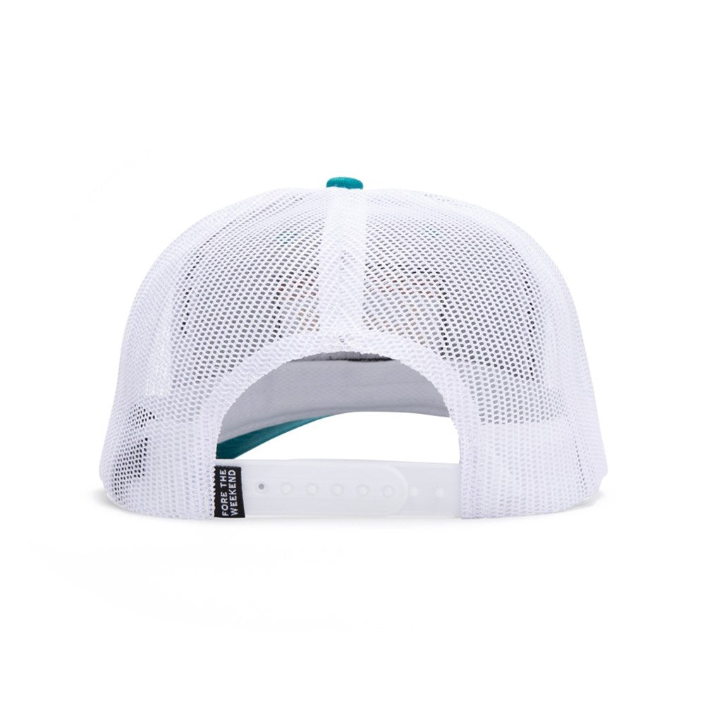 A blue and white trucker golf hat with a curved bill, featuring an embroidered front logo patch, mesh panels, and a snapback closure.