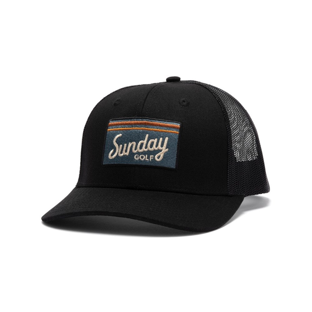 A black trucker golf hat with a curved bill, featuring a mesh panel on the side and an embroidered front logo patch with the text 'Sunday Golf'.