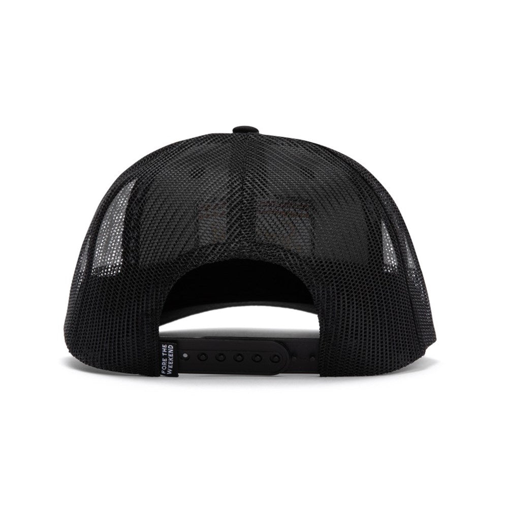 A black trucker golf hat with a curved bill, featuring a mesh panel on the side and an embroidered front logo patch with the text 'Sunday Golf'.