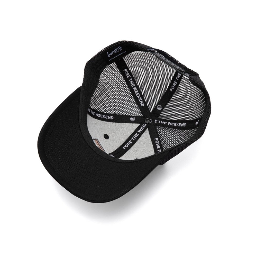 A black trucker golf hat with a curved bill, featuring a mesh panel on the side and an embroidered front logo patch with the text 'Sunday Golf'.