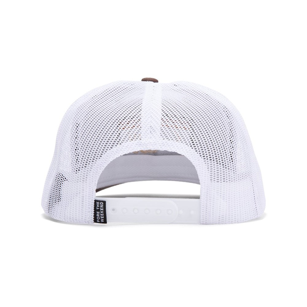 A brown and white trucker golf hat with a mesh back and an embroidered front logo patch reading 'Sunday Golf'.
