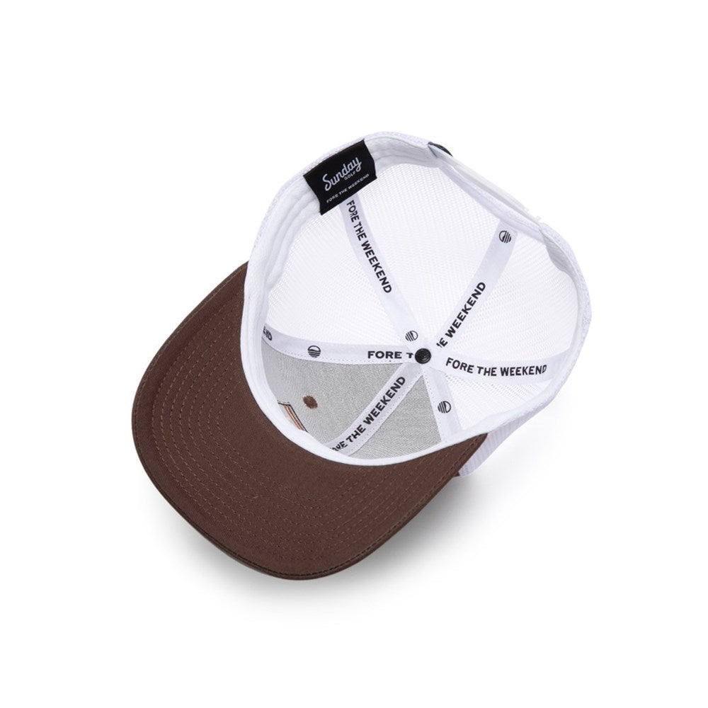 A brown and white trucker golf hat with a mesh back and an embroidered front logo patch reading 'Sunday Golf'.