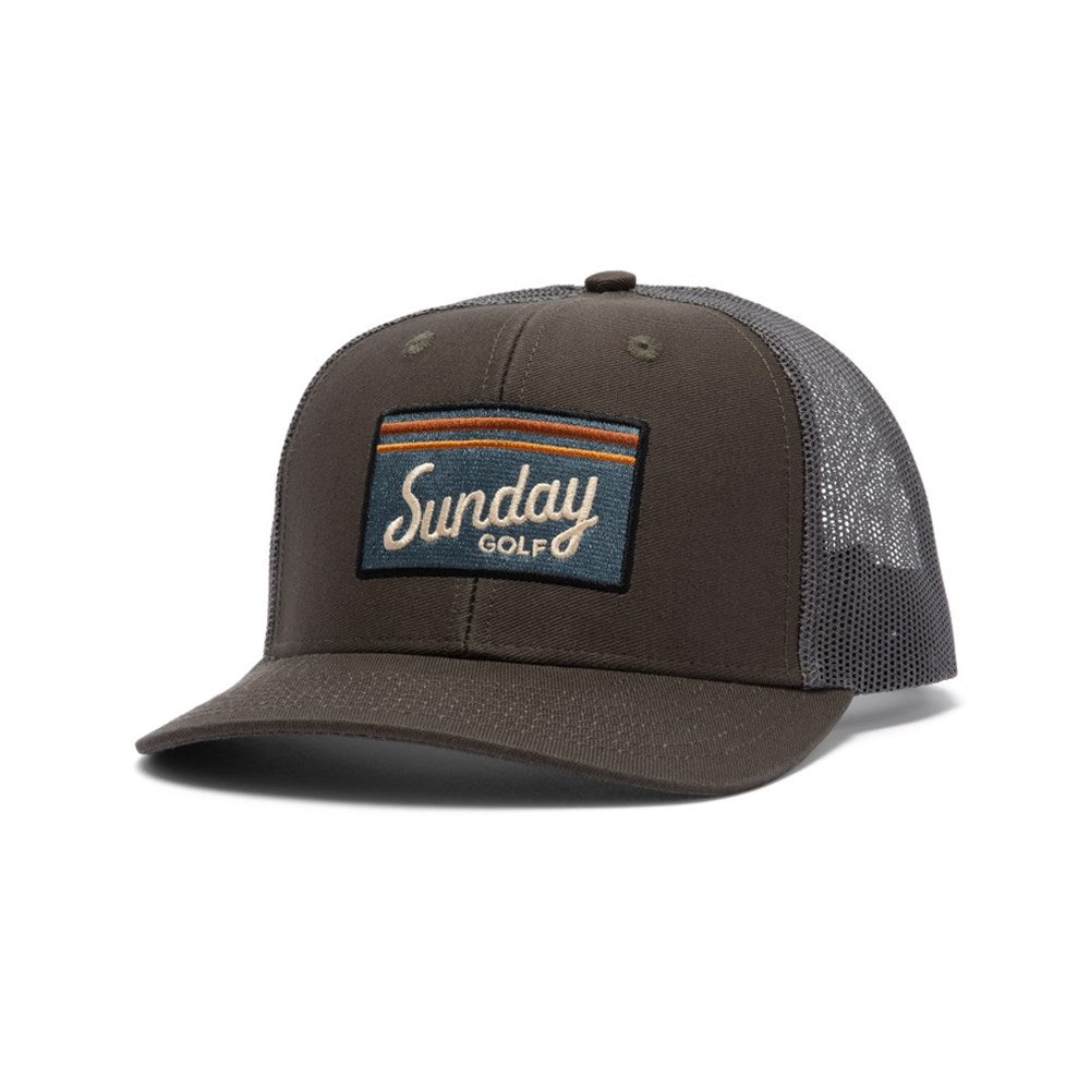 A brown trucker golf hat with a mesh back and an embroidered front logo patch that reads 'Sunday Golf'.