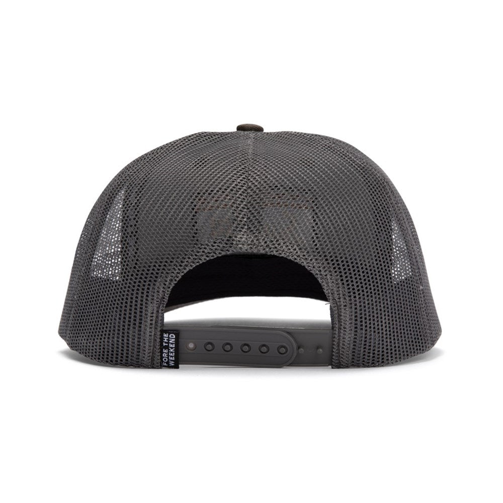 A brown trucker golf hat with a mesh back and an embroidered front logo patch that reads 'Sunday Golf'.