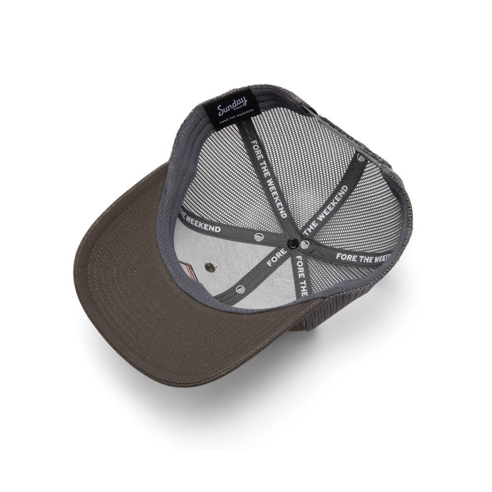 A brown trucker golf hat with a mesh back and an embroidered front logo patch that reads 'Sunday Golf'.