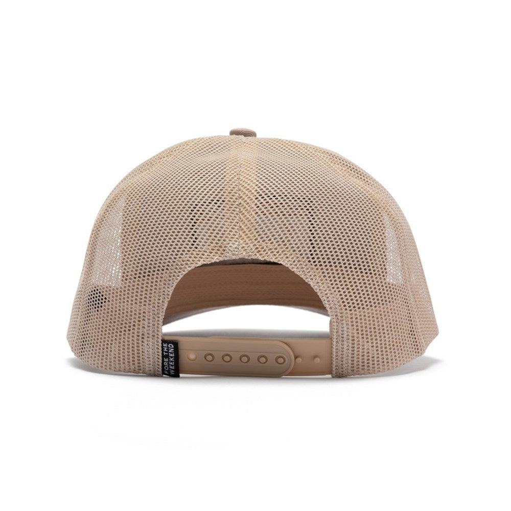 A beige trucker golf hat with a curved bill, featuring a mesh crown and an embroidered front logo patch that reads 'Sunday Golf'.