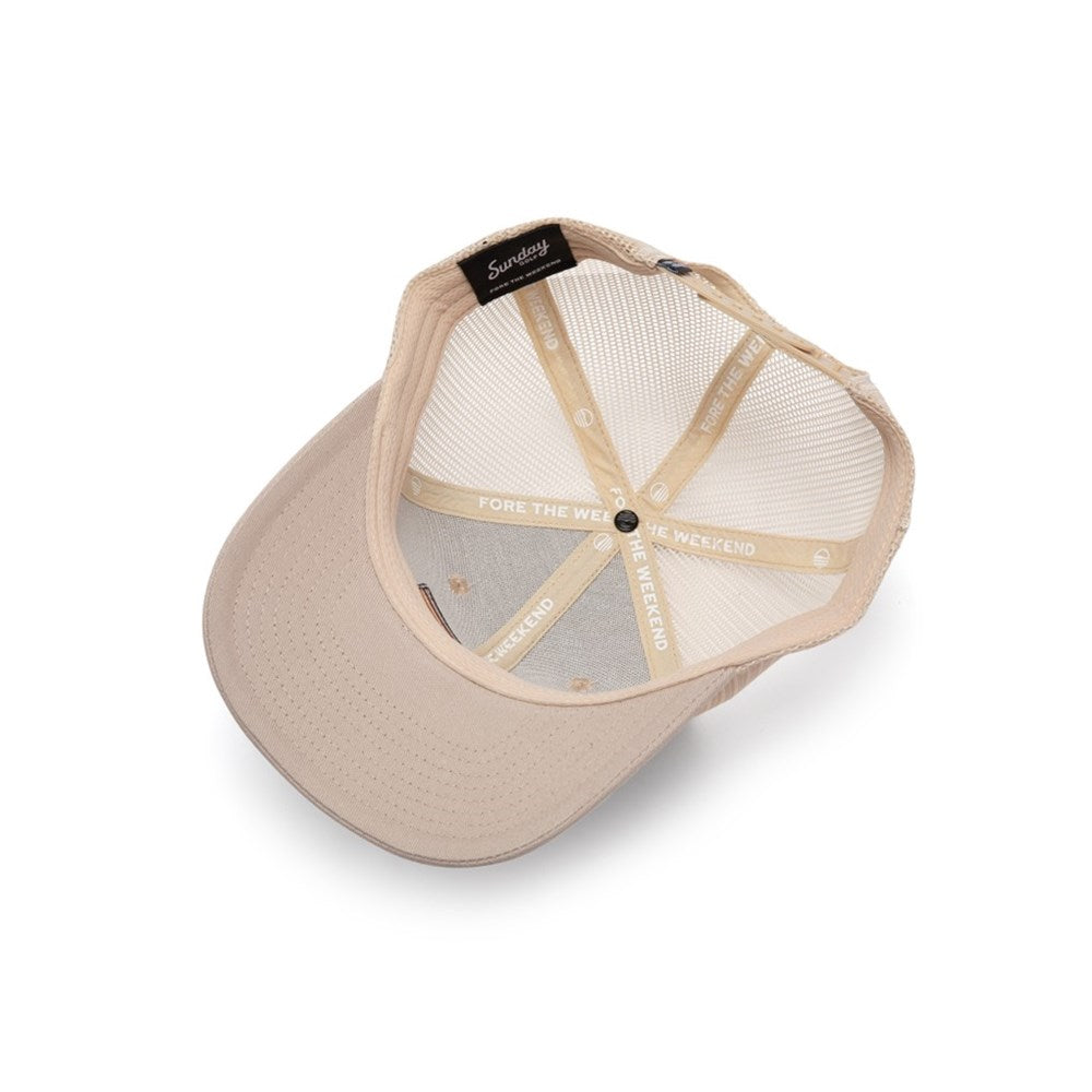 A beige trucker golf hat with a curved bill, featuring a mesh crown and an embroidered front logo patch that reads 'Sunday Golf'.