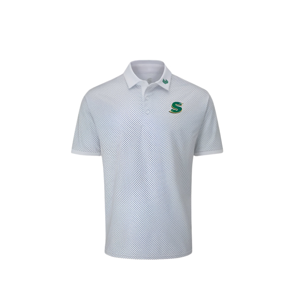 A white Stuburt polo tee with the LIV Golf and Team Stinger branding, featuring a collar and the brand's logo on the chest.