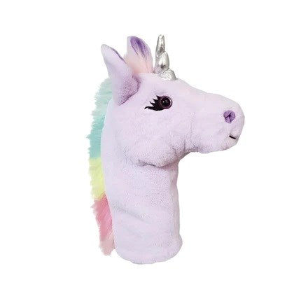 A multicolored golf club headcover designed to resemble a unicorn