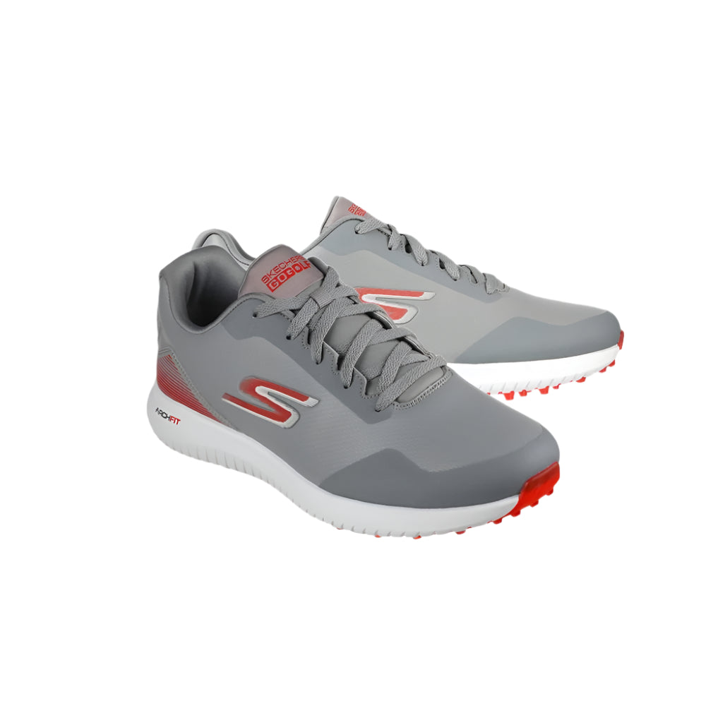 A pair of SKECHERS GO GOLF Max 2 spikeless grey golf shoes with red accents, featuring a lace-up design and cushioned sole.