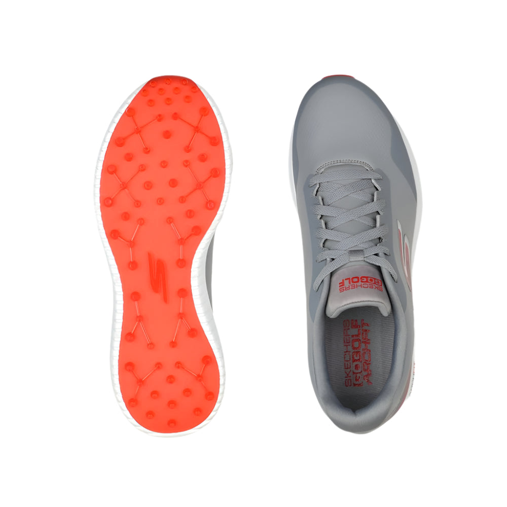 A pair of SKECHERS GO GOLF Max 2 spikeless grey golf shoes with red accents, featuring a lace-up design and cushioned sole.