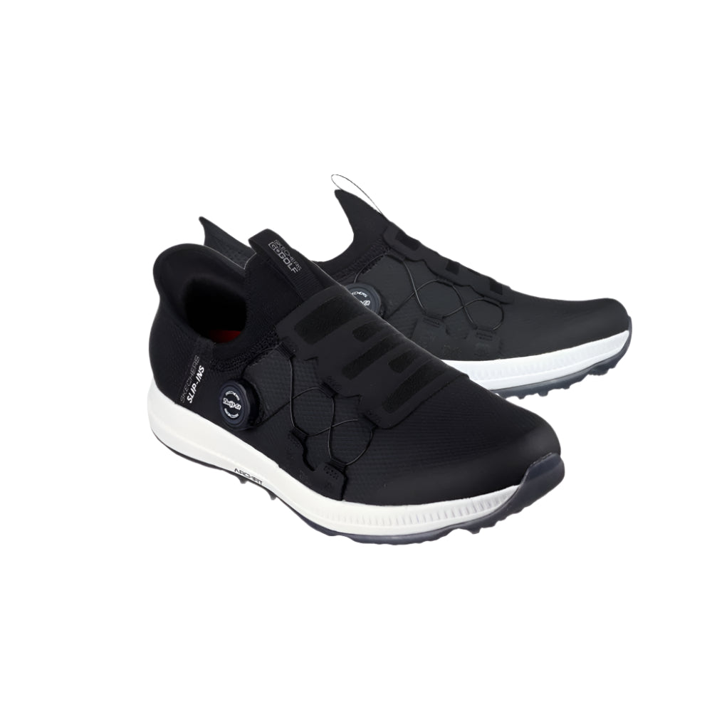 A pair of SKECHERS GO GOLF Elite 5 spikeless grey golf shoes with white and black accents.