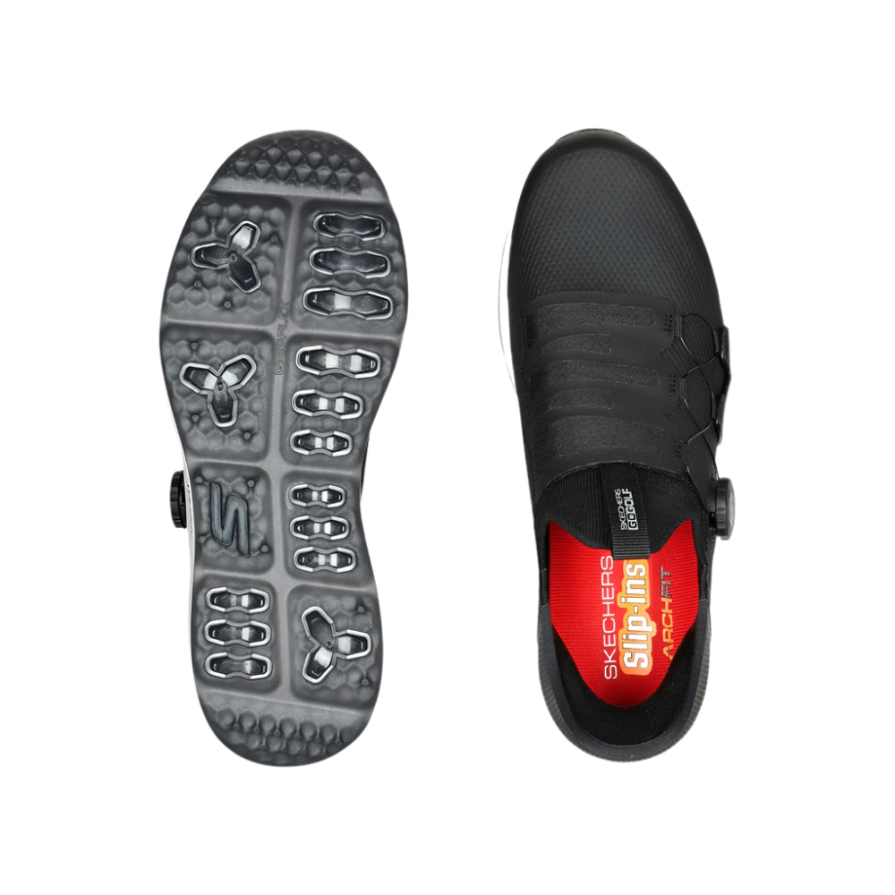 A pair of SKECHERS GO GOLF Elite 5 spikeless grey golf shoes with white and black accents.