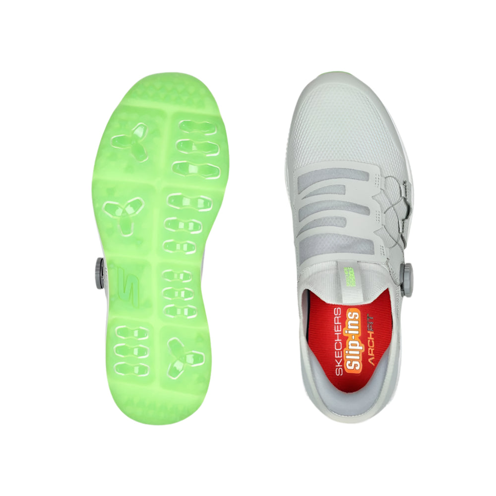 A pair of SKECHERS GO GOLF Elite 5 spikeless grey golf shoes with white and green accents.