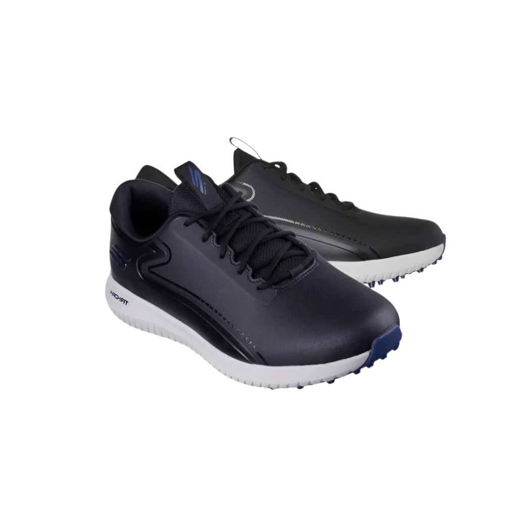A pair of SKECHERS GO GOLF Max 3 spikeless black golf shoes with a lace-up synthetic leather upper and a removable insole.