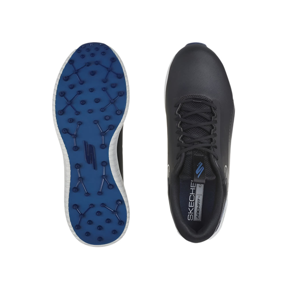 A pair of SKECHERS GO GOLF Max 3 spikeless black golf shoes with a lace-up synthetic leather upper and a removable insole.