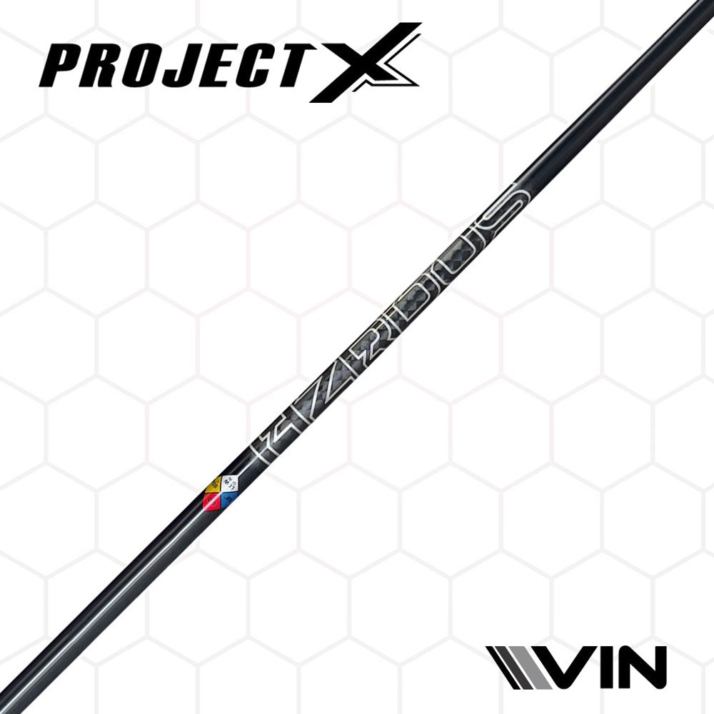 A close-up image of a golf club shaft with 'PROJECT X' branding and the code 'HZRDUS G5 Black 60' inscribed.