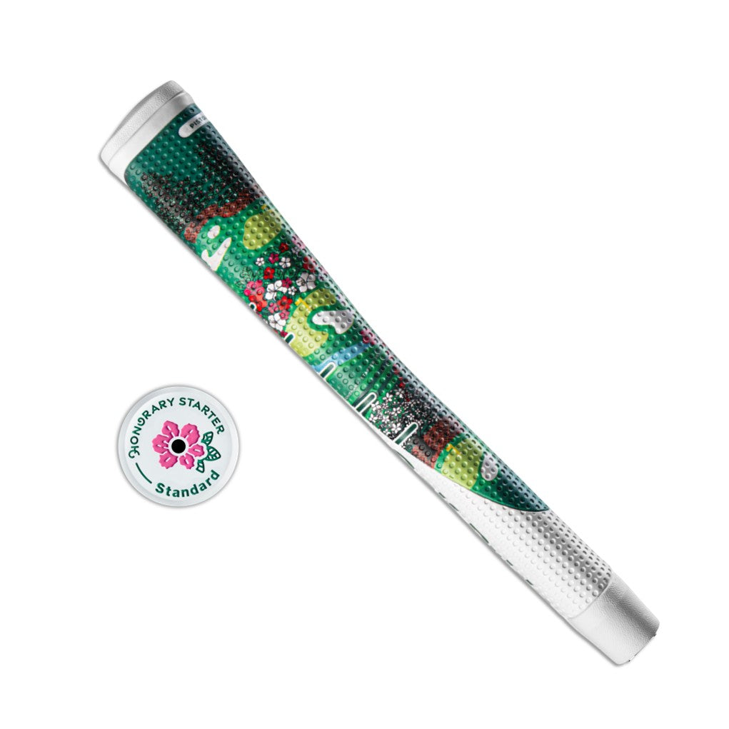 A Golf Pride putter grip with a green, red, and white color scheme and featuring the brand's logo.