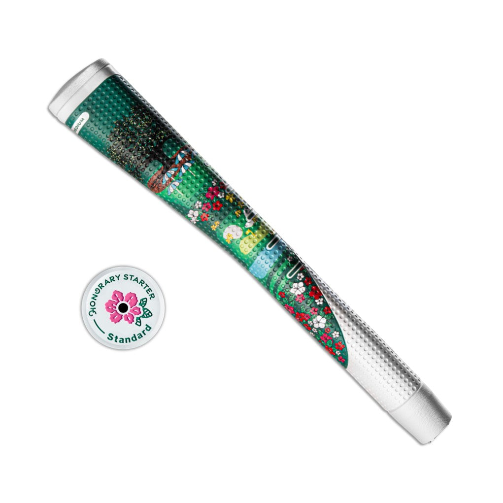 A Golf Pride putter grip with a green, red, and white color scheme and featuring the brand's logo.