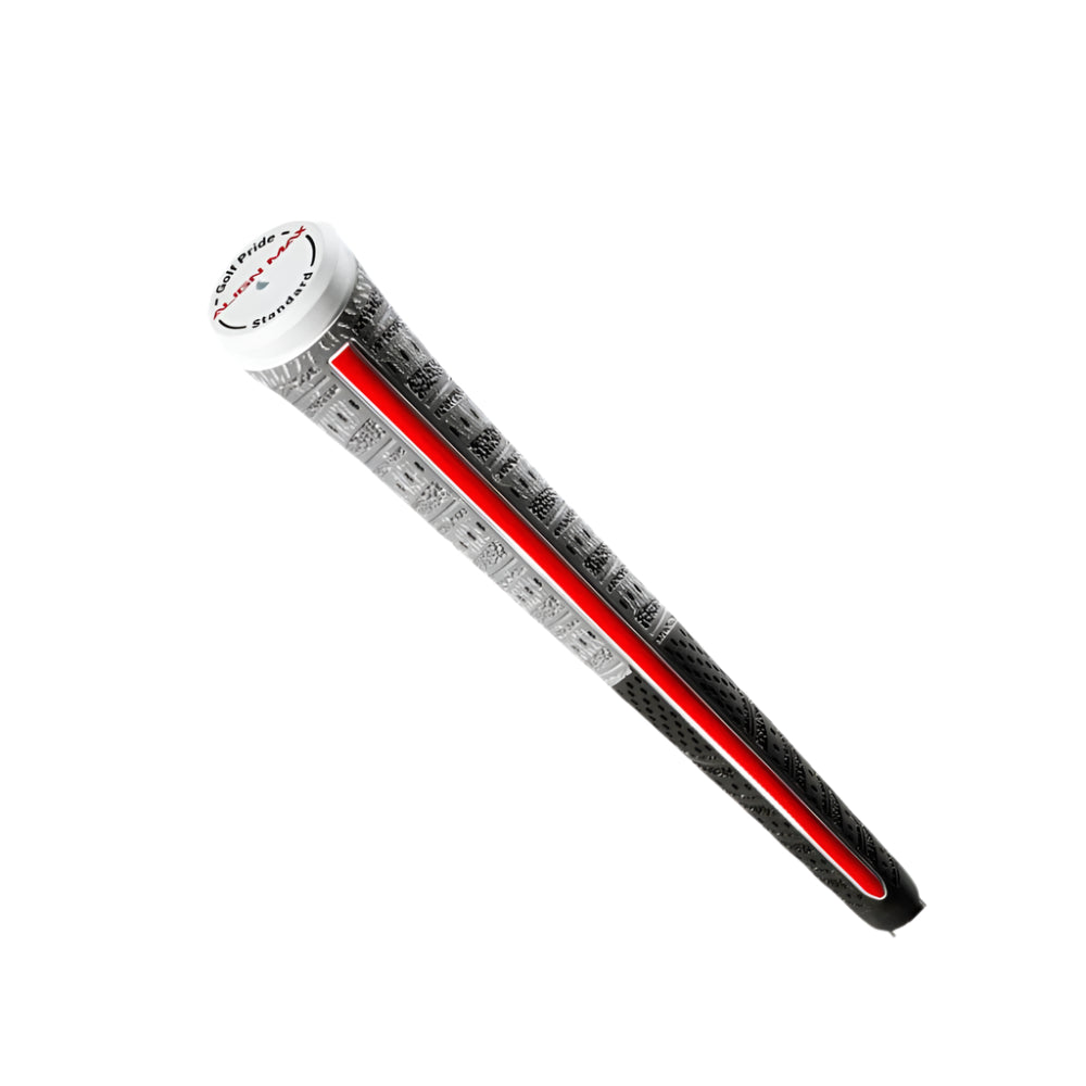 A black and gray Golf Pride golf club grip featuring a raised ridge design.