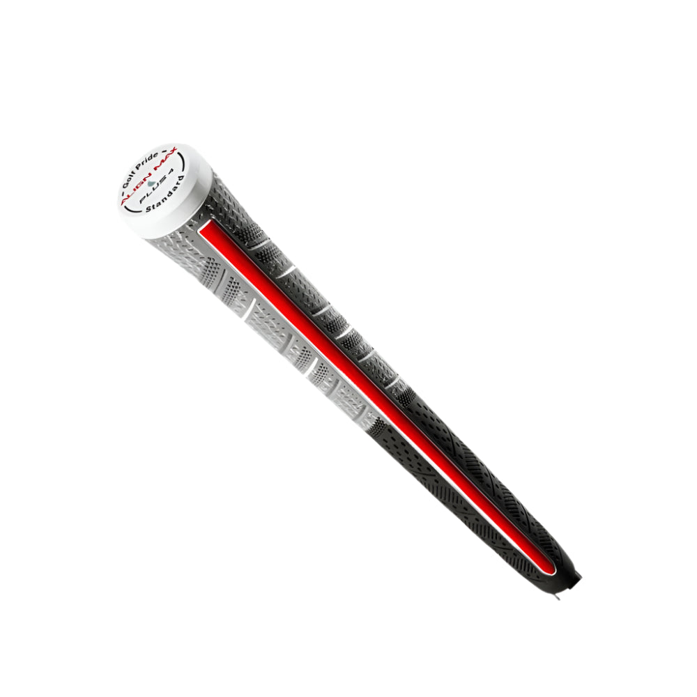 A black and gray Golf Pride club grip with raised ridges.