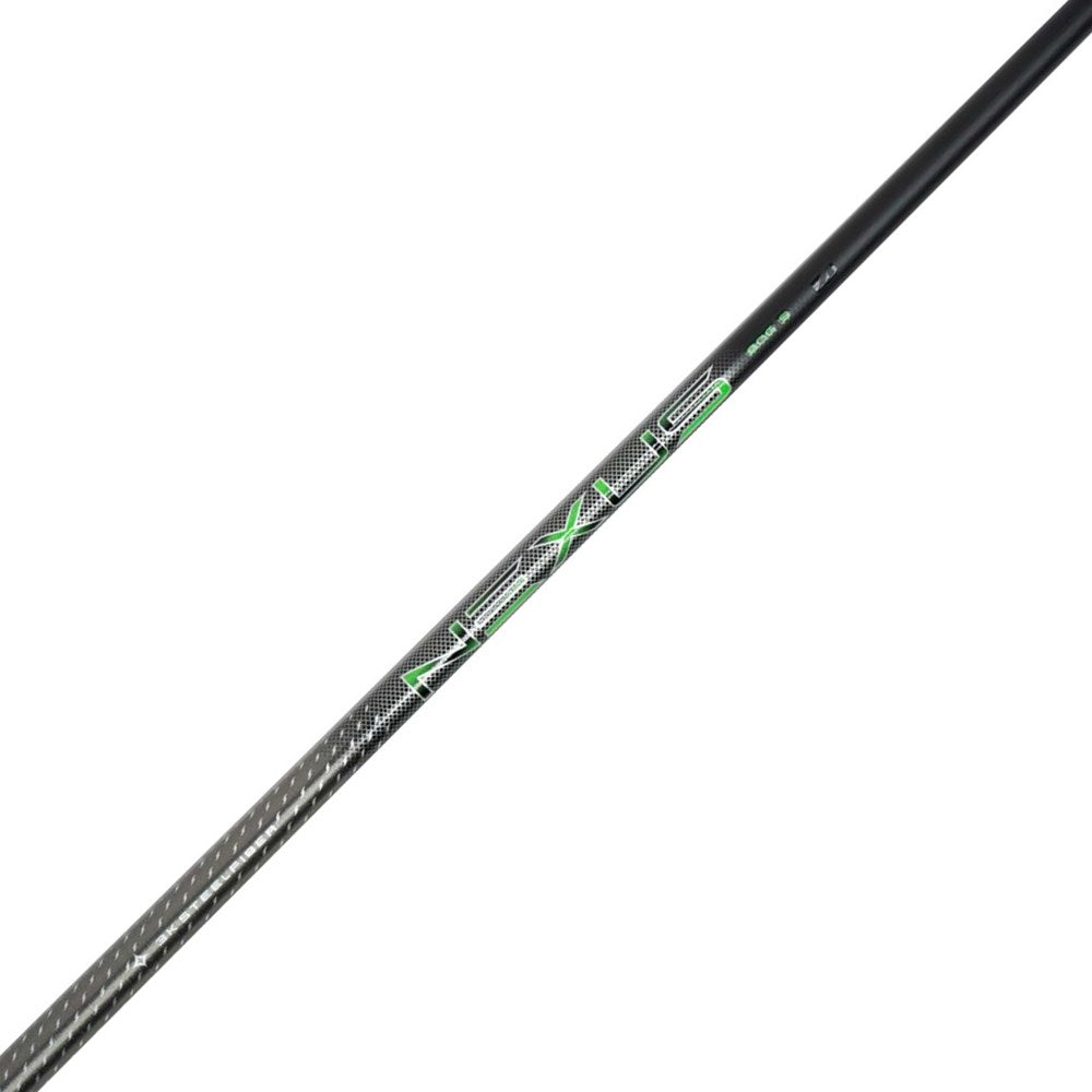 A close-up image of a black golf iron shaft with green text detailing.