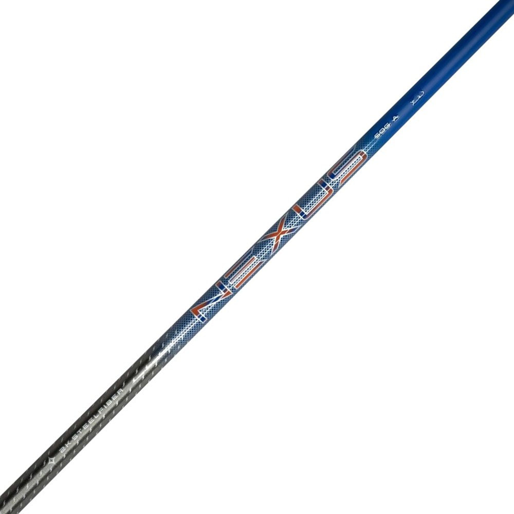 A close-up image of a golf club shaft with Steelfiber Nexus branding and blue color predominantly featured.