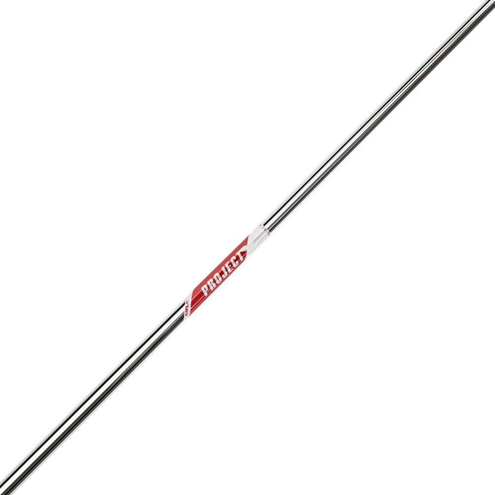 A silver golf club shaft with red branding text.
