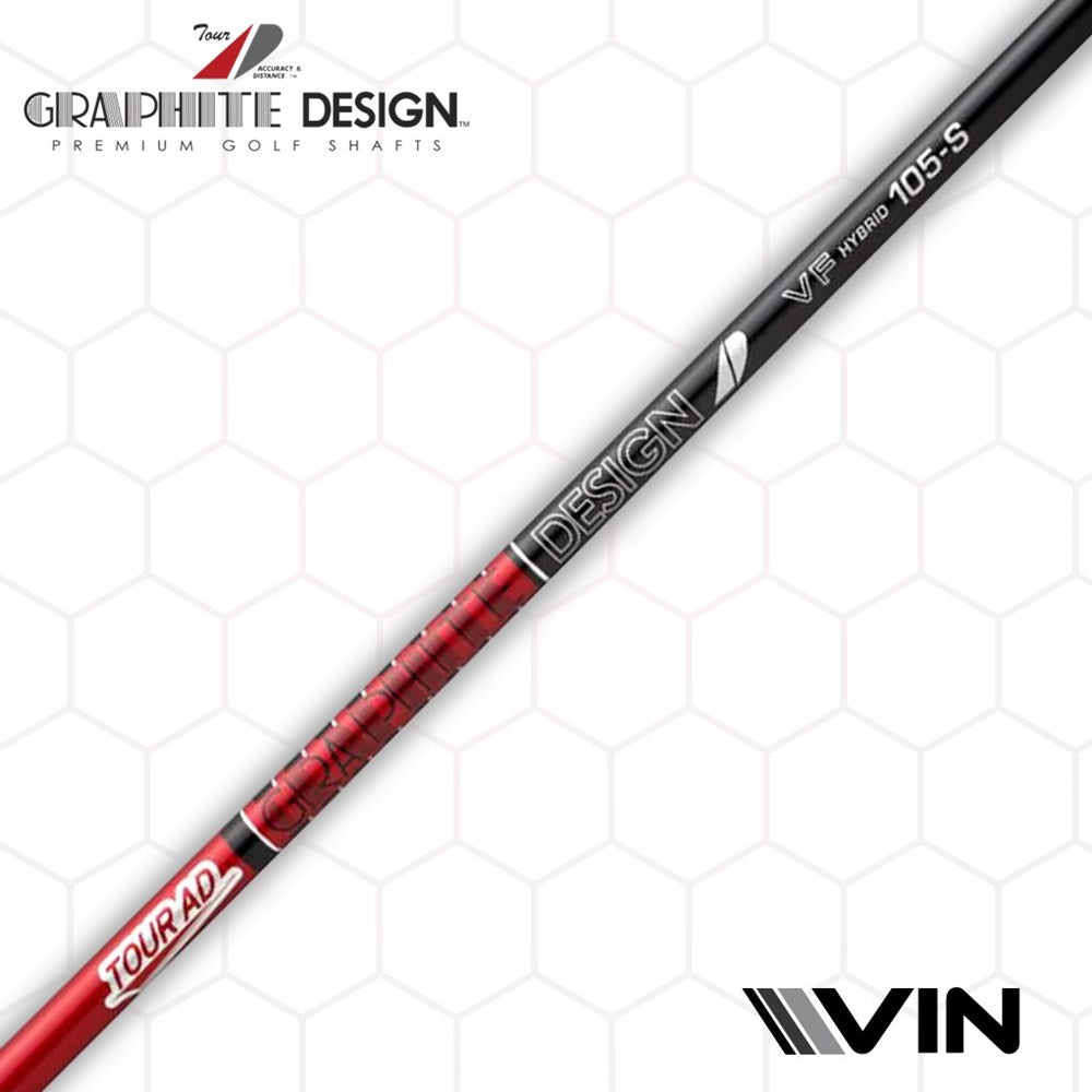 four Graphite Design - Hybrid - Tour AD VF shafts displayed, graphite design premium golf shafts endorsed by Vin