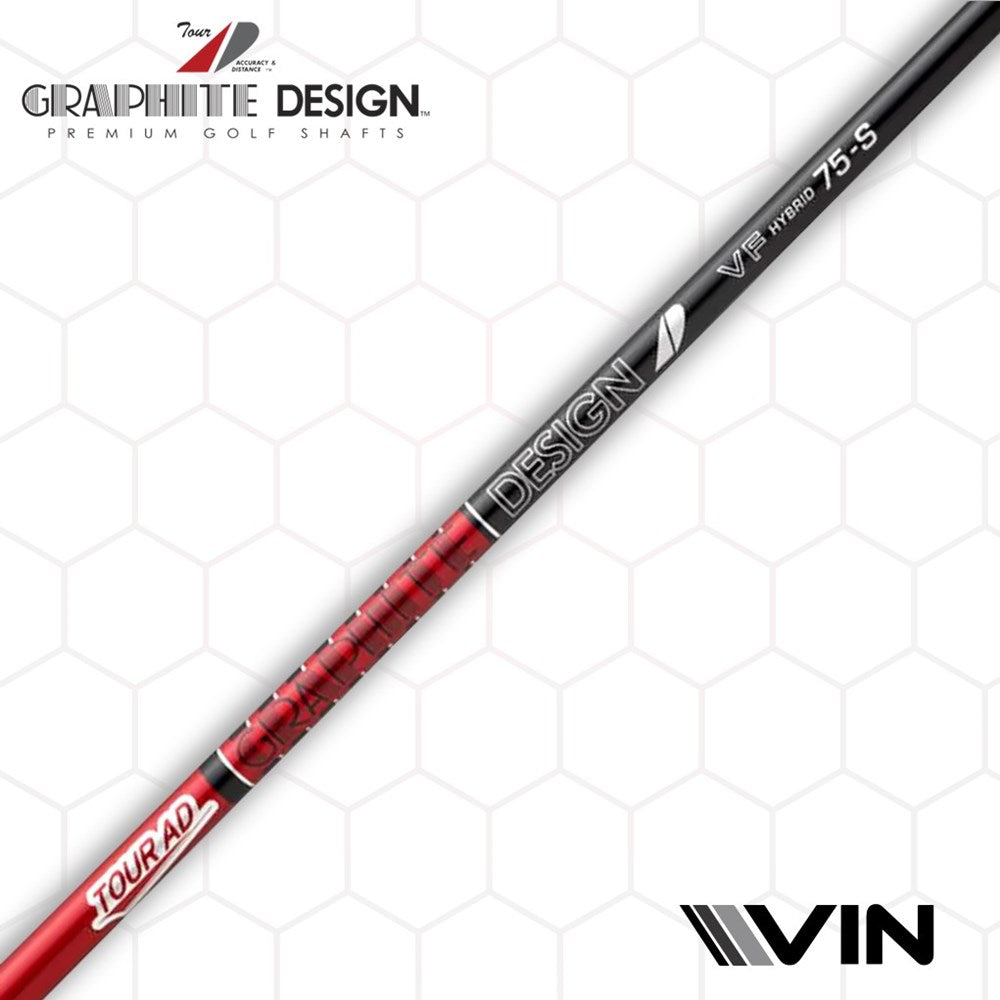 four Graphite Design - Hybrid - Tour AD VF shafts displayed, graphite design premium golf shafts endorsed by Vin