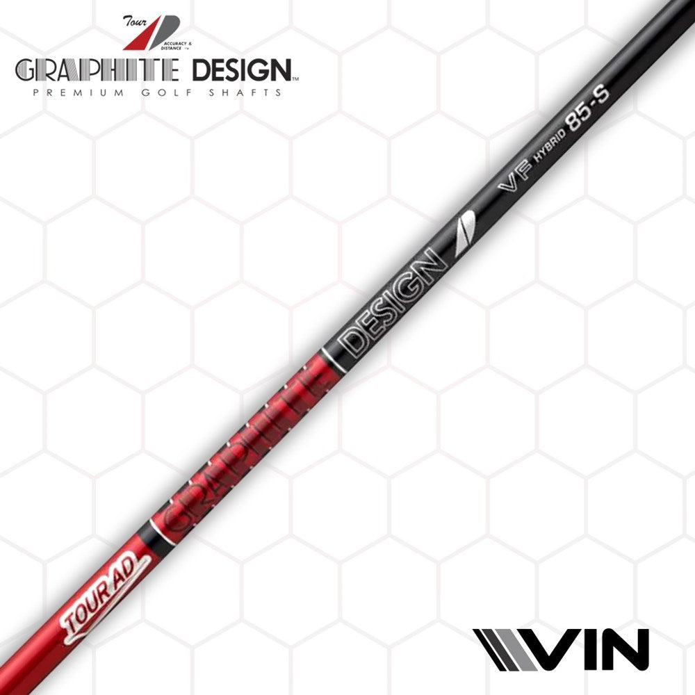 four Graphite Design - Hybrid - Tour AD VF shafts displayed, graphite design premium golf shafts endorsed by Vin