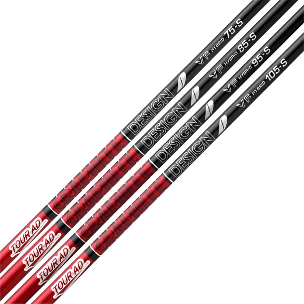 four Graphite Design - Hybrid - Tour AD VF shafts displayed with a white background