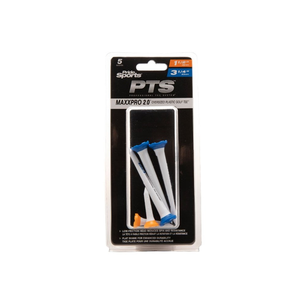 Pack of PTS MaxxPro 20 plastic golf tees on a white background