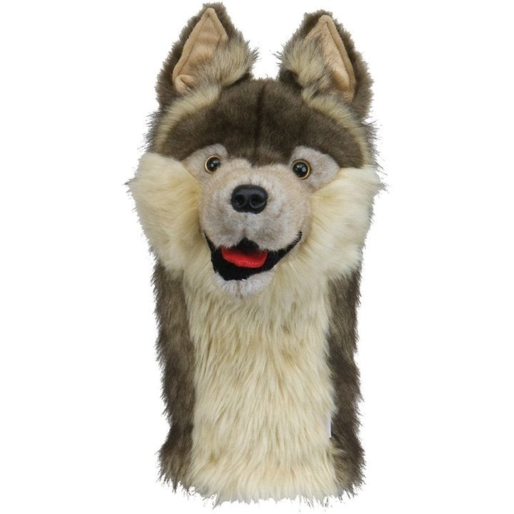 Golf club headcover designed to resemble a wolf's head, with beige, brown, and gray colors, and a red mouth.