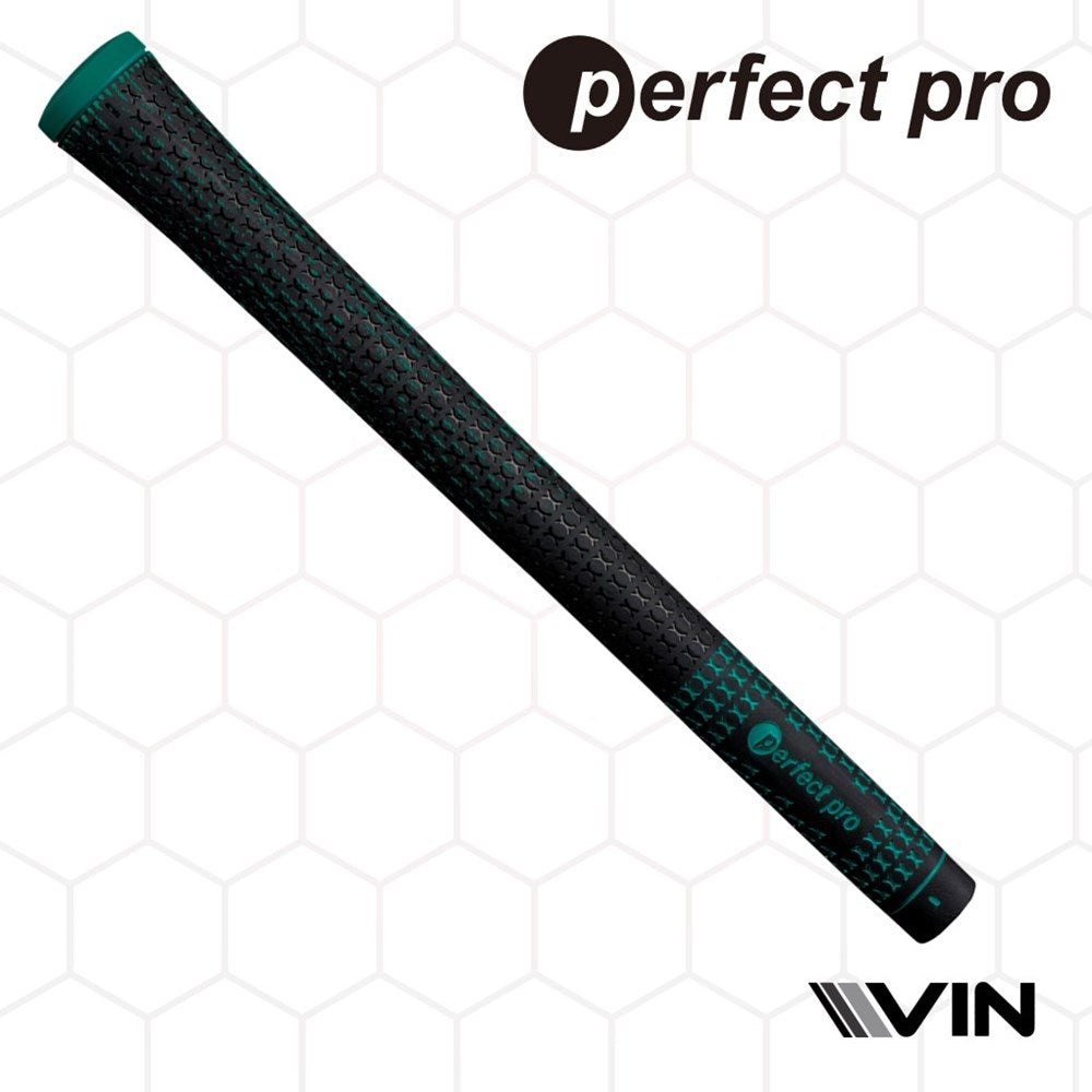 A black golf club grip, labeled 'perfect pro' on a honeycomb pattern background endorsed by Vin Golf