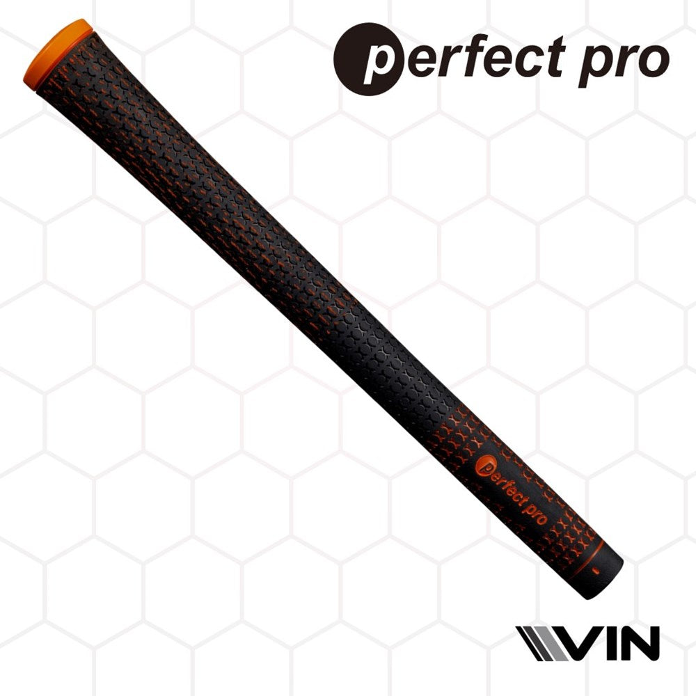 A black golf club grip, labeled 'perfect pro' on a honeycomb pattern background endorsed by Vin Golf