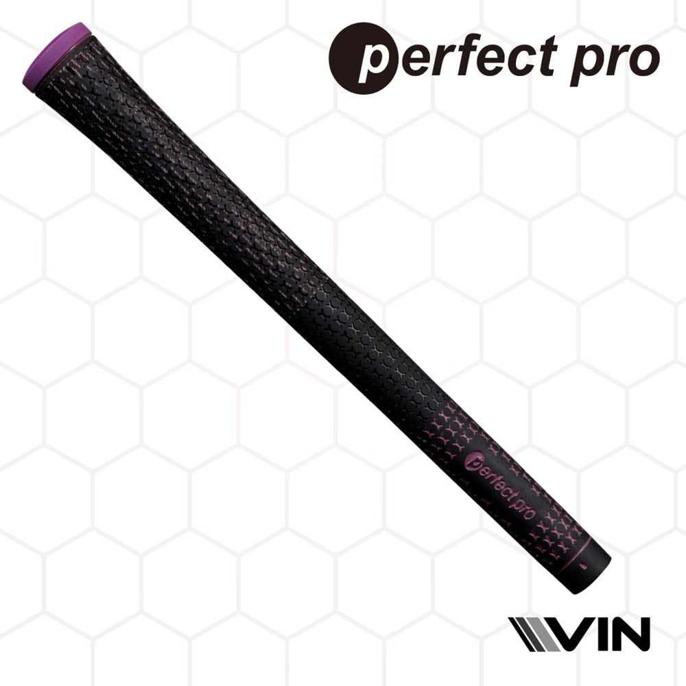 A black golf club grip, labeled 'perfect pro' on a honeycomb pattern background endorsed by Vin Golf