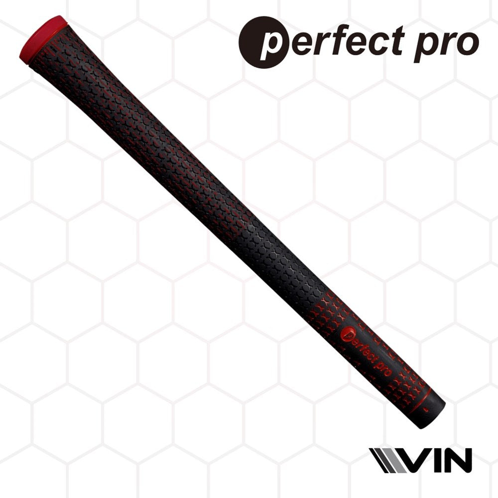 A black golf club grip, labeled 'perfect pro' on a honeycomb pattern background endorsed by Vin Golf